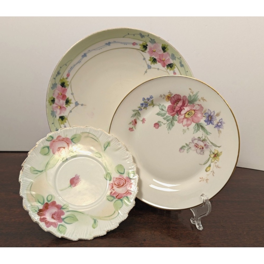 Vintage Floral China Plates Lot 3 Bavaria Germany England Hand Painted Mismatch